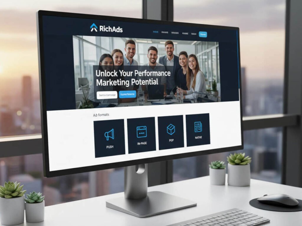 Image for RichAds review, showing the ad network's homepage on a desktop monitor with the headline "Unlock Your Performance Marketing Potential."