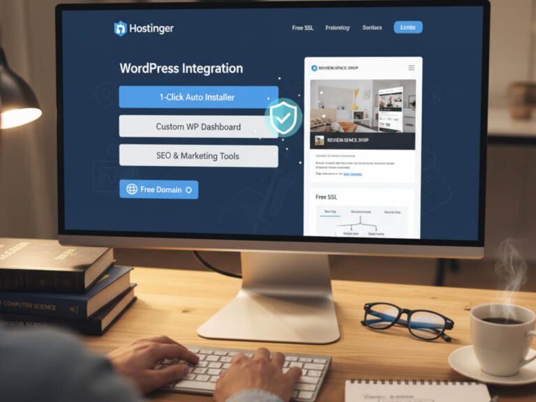 A user sitting at a desk, looking at a computer monitor displaying the Hostinger dashboard with "WordPress Integration" highlighted