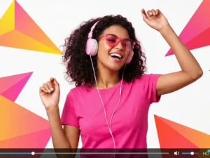 A cheerful woman in pink headphones dancing against a colorful geometric background, overlaid with a video player interface, illustrating the fun and ease of creative video editing with Corel VideoStudio Pro.