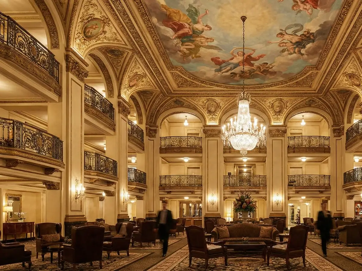 Stunning historic lobby of The Palmer House Hilton in Chicago featuring the famous ceiling frescoes and chandeliers.