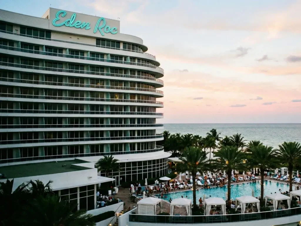 Exterior view of the luxury Eden Roc Miami Beach Resort showing its iconic white tower and oceanfront location.
