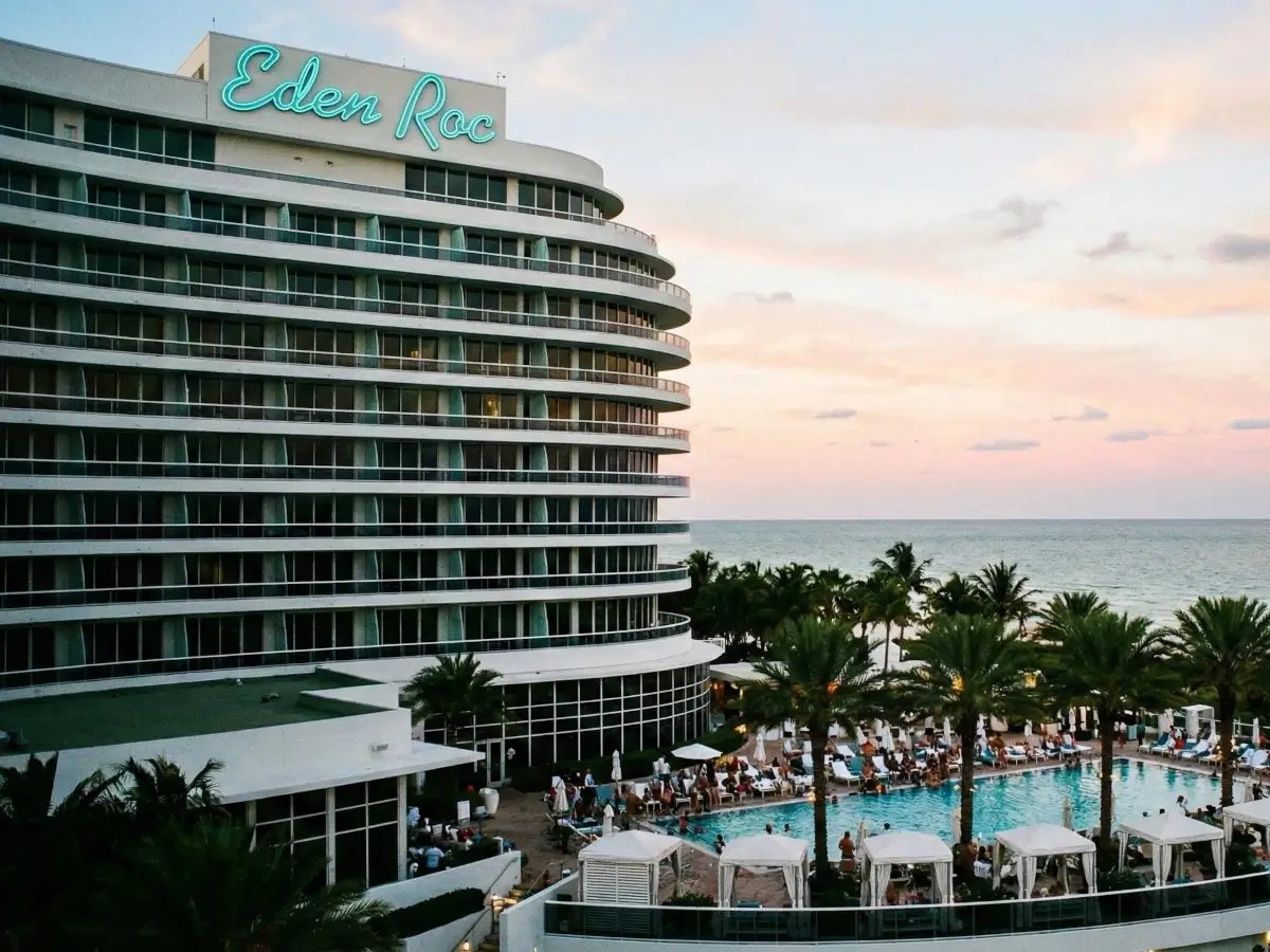 Exterior view of the luxury Eden Roc Miami Beach Resort showing its iconic white tower and oceanfront location.