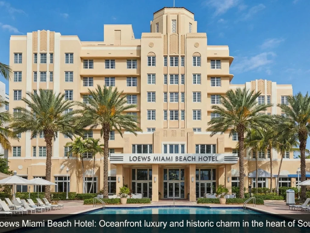 Exterior view of the luxury Loews Miami Beach Hotel located in South Beach, featuring its iconic tower and palm-lined pool deck.