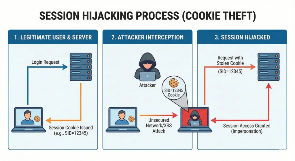 Illustration of Session Hijacking software interface showing list of stolen sessions)