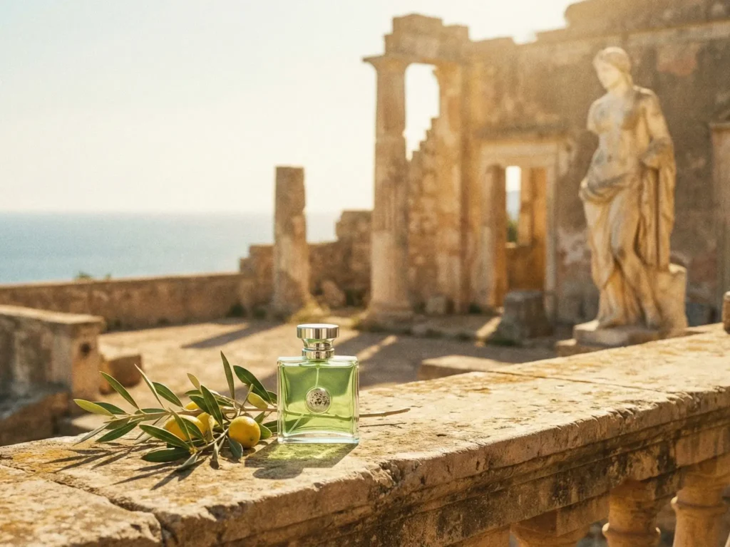 A sunny, somewhat nostalgic shot. An old stone terrace in the south of Italy with a sea view. In the foreground, on a sun-heated stone ledge, sits a bottle of Versace Versense (green) or just an unnamed antique bottle. Next to it is an olive or citrus branch. Ruins or a classical statue are in the background. Plenty of sunlight.
