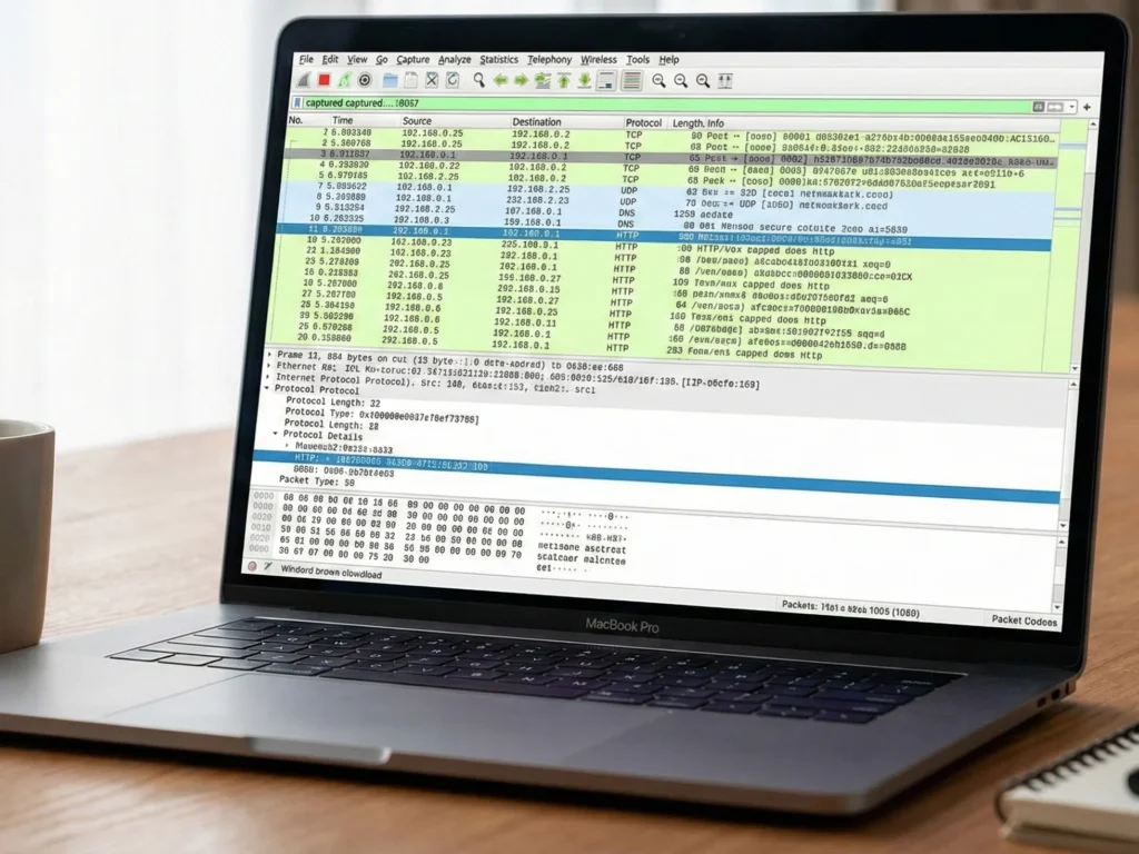 A close-up view of a laptop screen displaying the Wireshark network protocol analyzer interface. The screenshot shows the packet list and detailed packet views, perfect for a Wireshark for beginners tutorial.