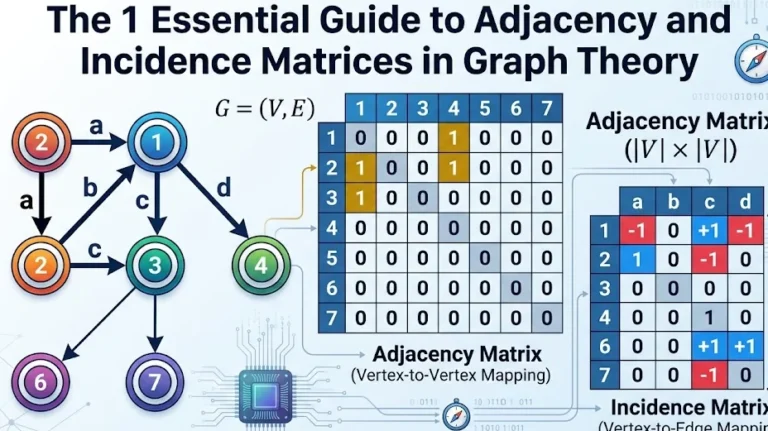 Educational infographic diagram explaining adjacency and incidence matrices in graph theory. It shows a directed graph with 7 vertices (1-7) and 4 edges (a-d). Adjacency Matrix (Vertex-to-Vertex Mapping) and Incidence Matrix (Vertex-to-Edge Mapping) tables are shown with step-by-step connection guides, including the specific mapping for highlighted edge 'a' (2 to 1). Eigenvector notations are included.