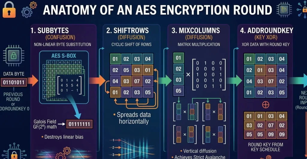 An architectural diagram of an AES encryption round. It illustrates how non-linear AES S-box mathematics prevents linear cryptanalysis explained in earlier sections. The MixColumns and ShiftRows layers demonstrate how the cipher achieves perfect avalanche effect cryptography, completely neutralizing the threat of differential cryptanalysis.