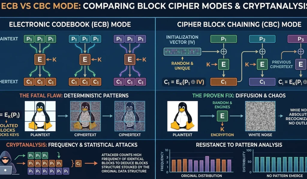 An architectural infographic comparing ECB vs CBC mode. It illustrates how statistical cryptanalysis easily breaks Electronic Codebook due to deterministic patterns (the visible penguin). Conversely, it shows how Cipher Block Chaining uses initialization vector cryptography to diffuse data into secure white noise, highlighting the critical differences in block cipher modes of operation.