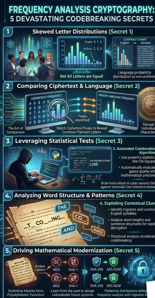 A comprehensive infographic detailing frequency analysis cryptography. It illustrates five codebreaking secrets, including skewed letter distributions, monoalphabetic substitution cryptanalysis, Zipf's law for word patterns, and using chi-square test cryptography to defeat a brute force attack in cyber security.