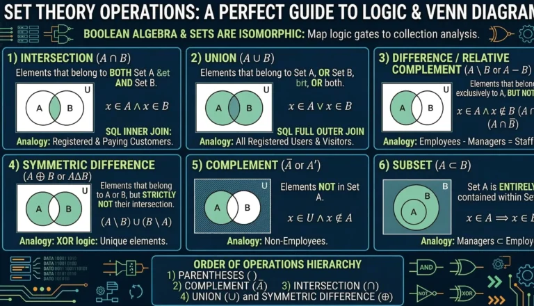 A comprehensive infographic visualizing set theory operations and Venn diagrams. It features six comparative sections detailing intersection, union, difference, symmetric difference, complement, and subset. Each section includes labeled overlapping circles A and B, mathematical formulas, definitions, and real-world SQL or logical analogies on a dark circuit matrix background.