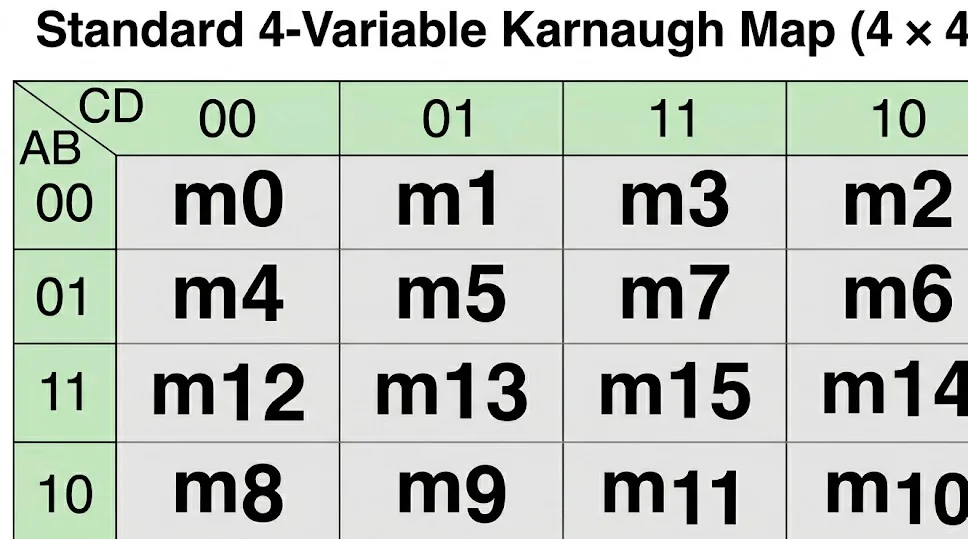 Standard 4-variable K-map grid showing the layout of 16 minterms for DNF minimization using Karnaugh maps.