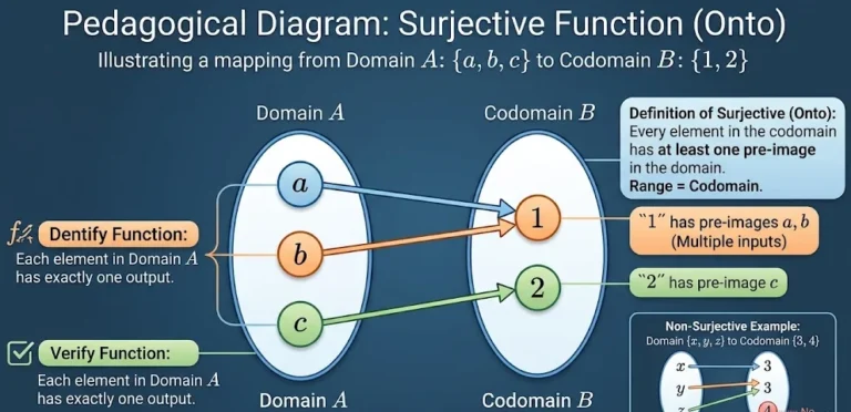 Mapping diagram from Discrete Mathematics showing a surjective (onto) function from Set A {a, b, c} to Set B {1, 2}. Two domain elements (a and b) map to the same codomain element (1), illustrating it is surjective but not injective.